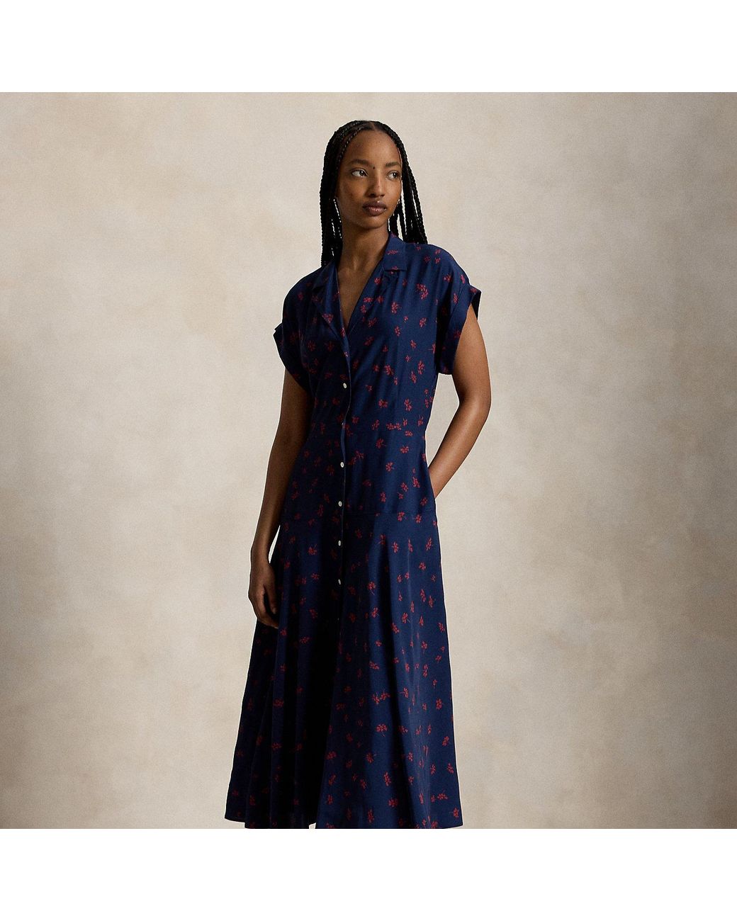 Polo Ralph Lauren Blue Floral Crepe Cap-Sleeve Shirt Dress