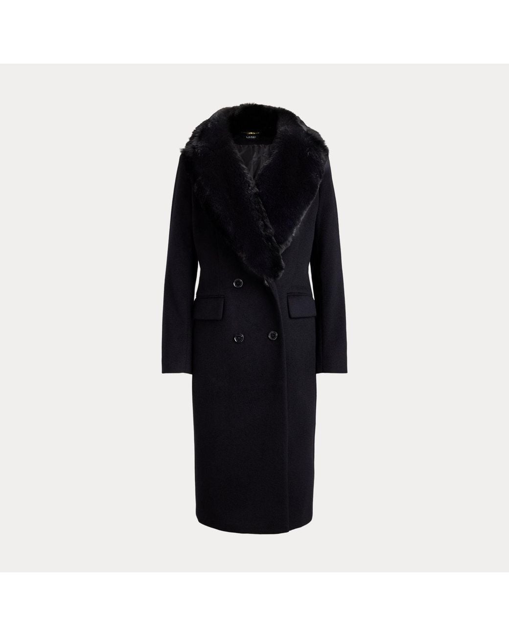 Ralph Lauren Black Faux-Fur-Trim Double-Breasted Coat