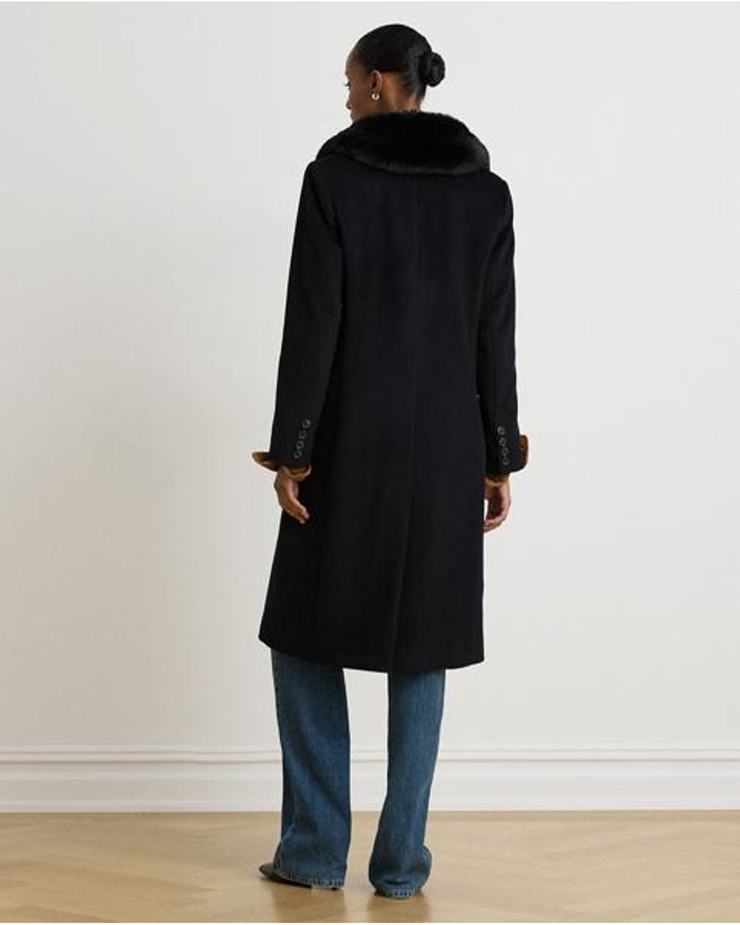 Ralph Lauren Black Faux-Fur-Trim Double-Breasted Coat