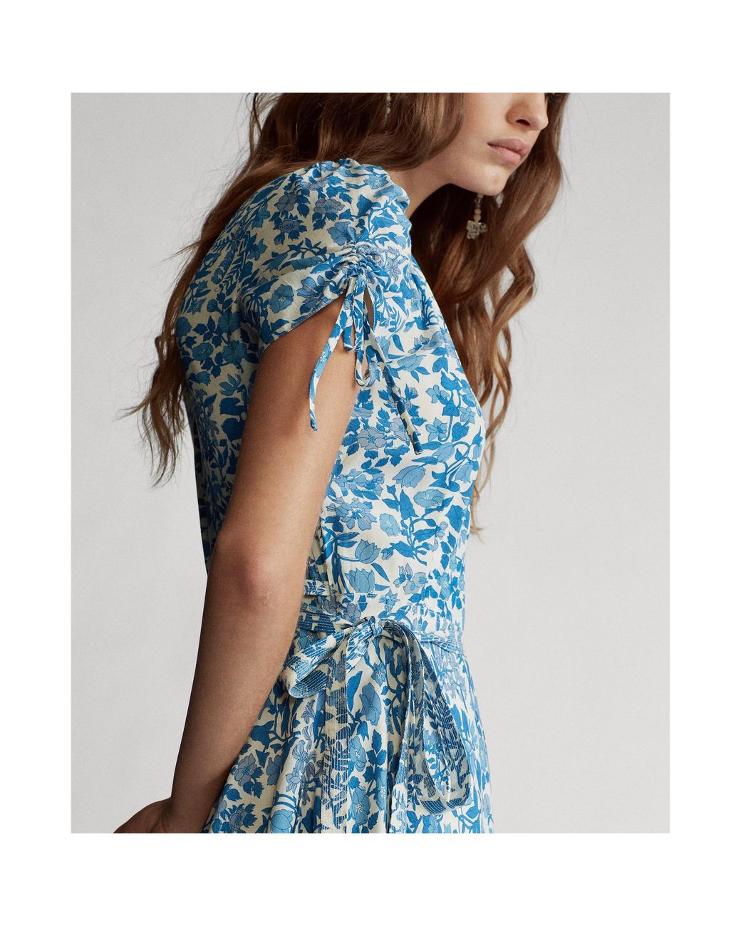 RALPH LAUREN 七分袖ワンピース WHITE & BLUE FLORAL LAUREN RALPH LAUREN Womens White Blue Floral Dress Stretch