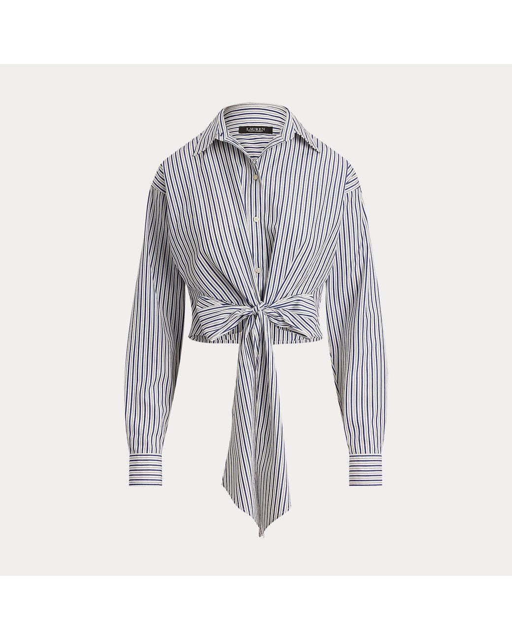 Ralph Lauren Gray Striped Tie-Front Cropped Cotton Shirt