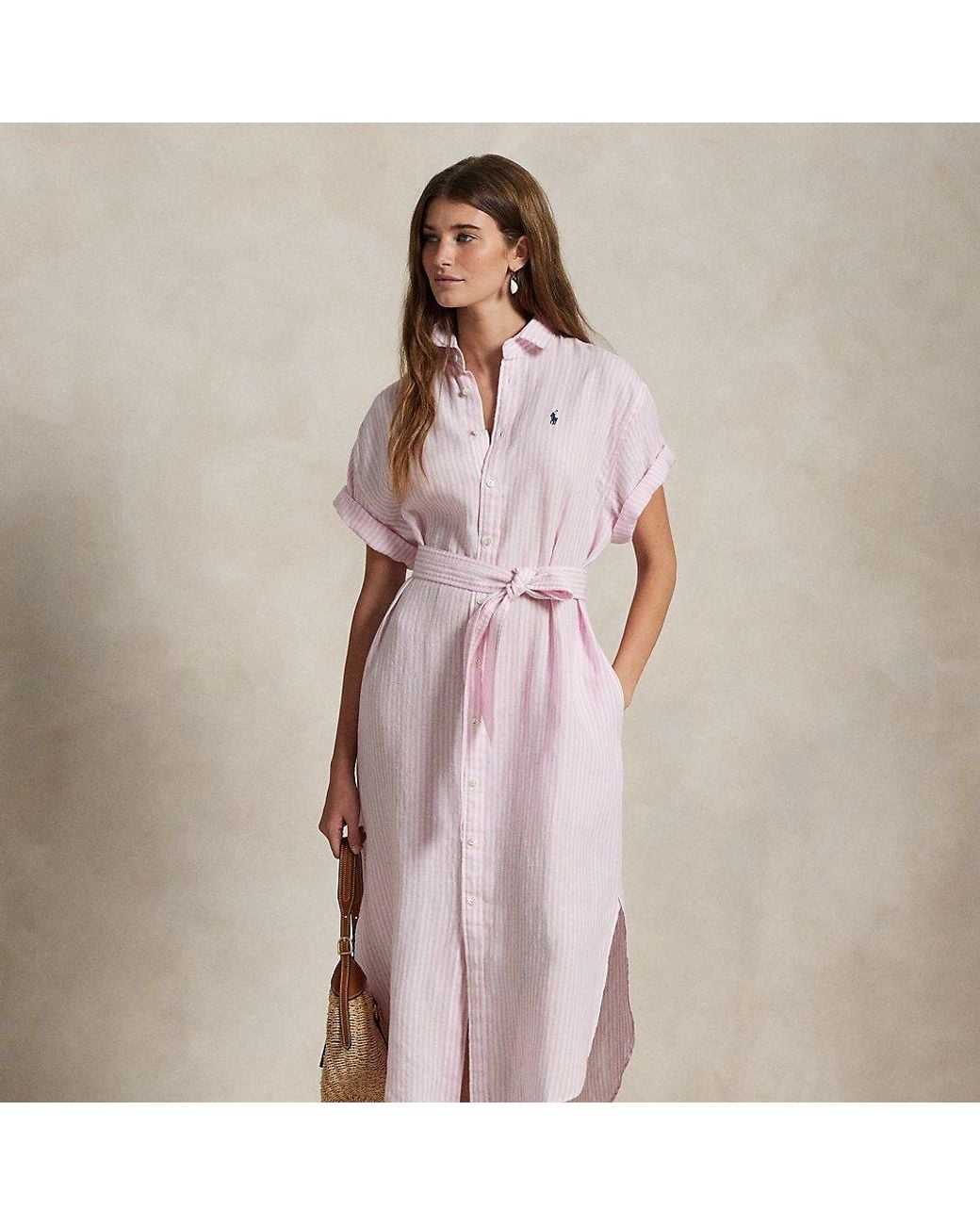 Polo Ralph Lauren Striped Linen Short-Sleeve Shirtdress in Pink | Lyst UK