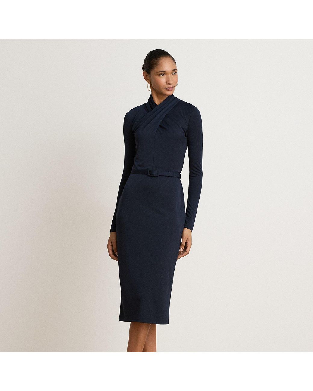 Ralph Lauren Blue Belted Mockneck Jersey Dress