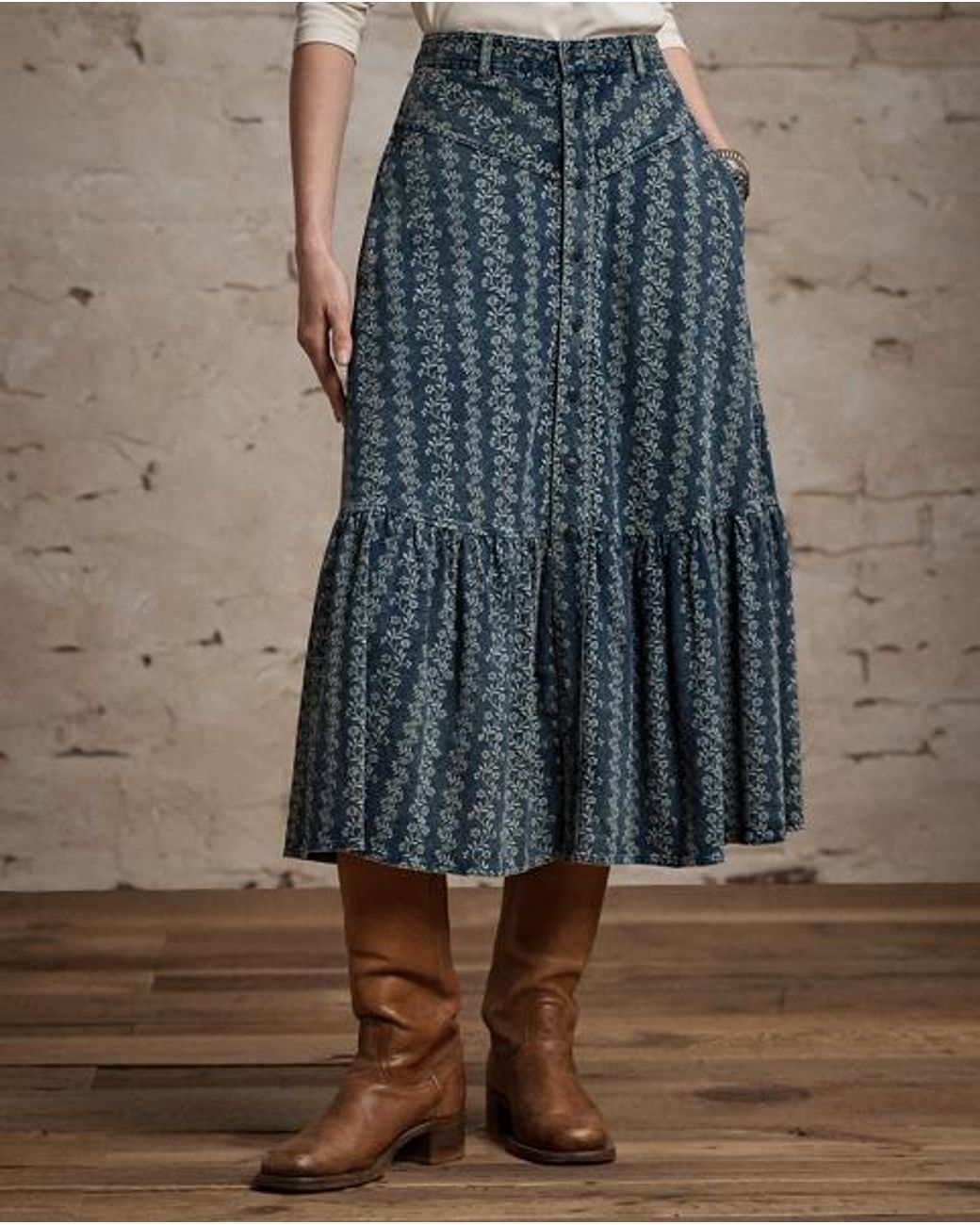 RRL Gray Floral-Print Jersey Skirt