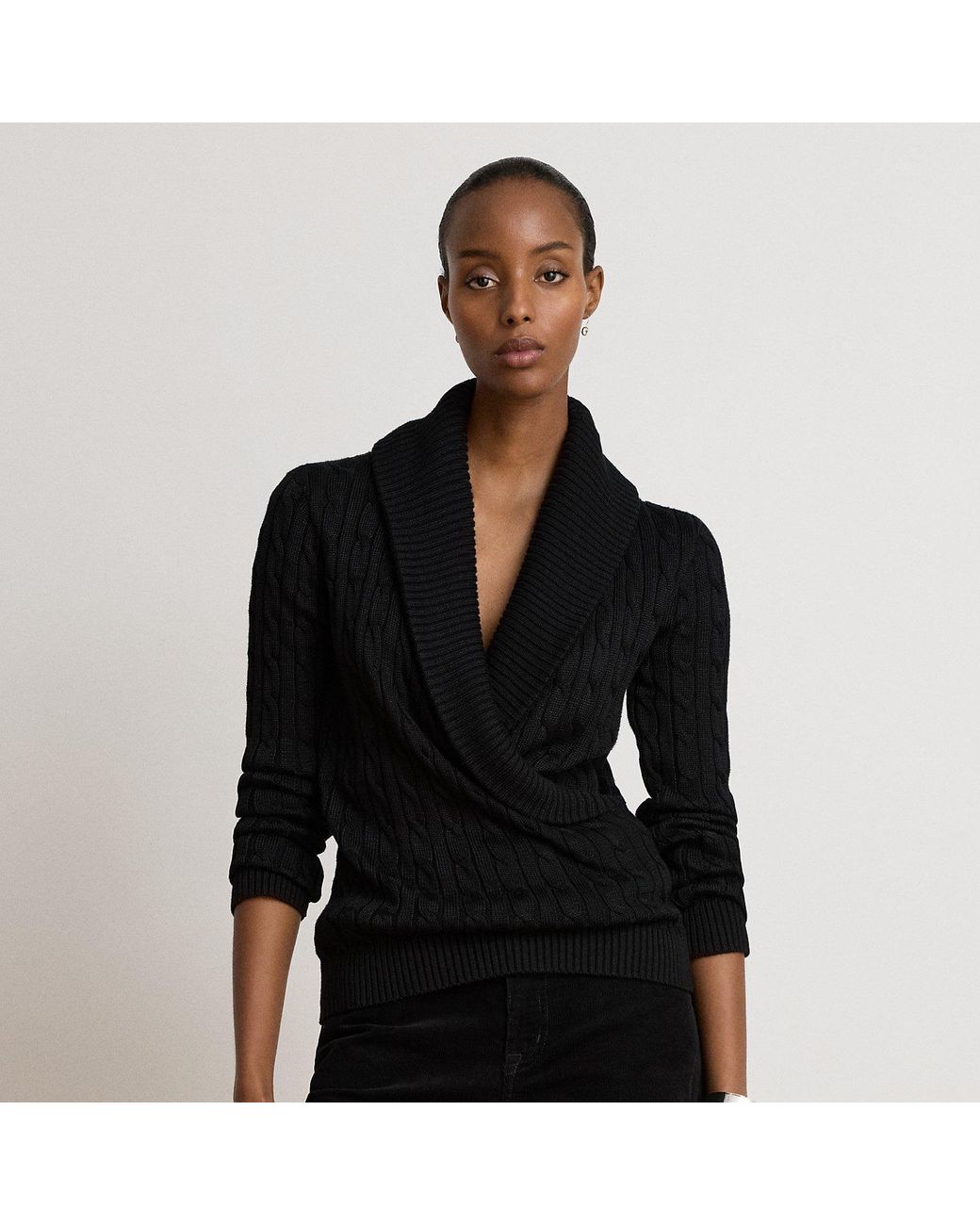 Ralph Lauren Black Cable Cotton-Blend Shawl-Collar Sweater