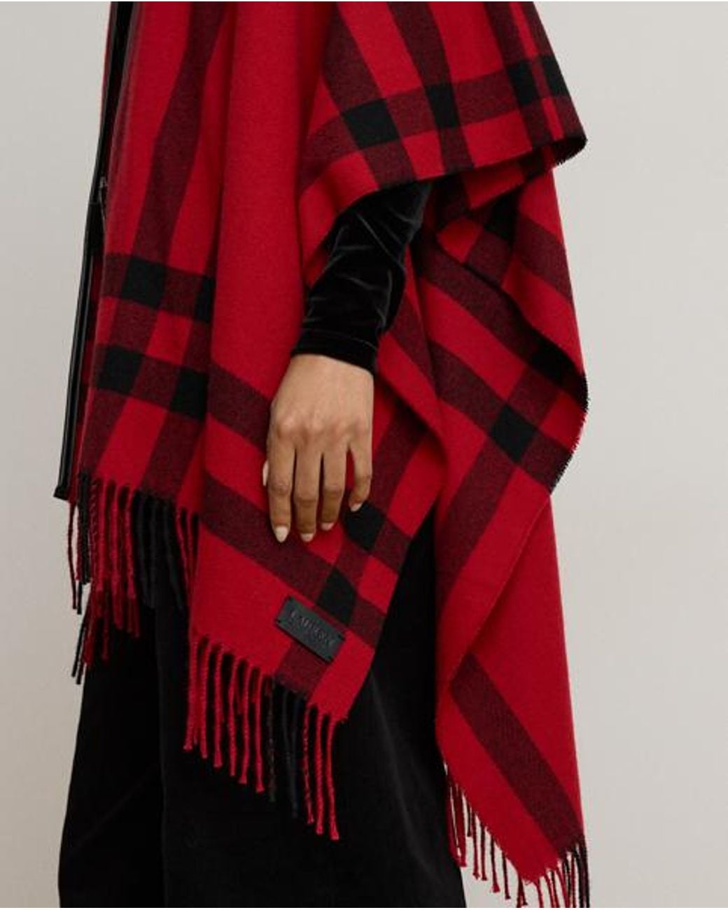 Ralph Lauren Red Plaid Fringe-Trim Ruana