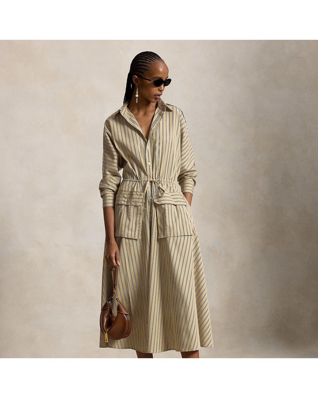Polo Ralph Lauren Natural Striped Cotton Canvas Utility Shirtdress