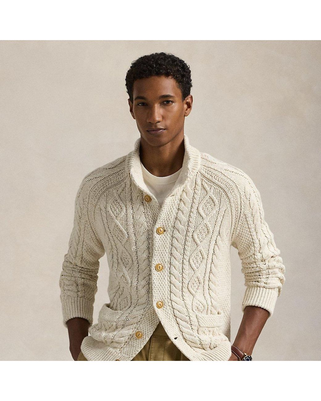 トップス RRL NATURAL SEEDED ARANKNIT CARDIGAN Polo Ralph Lauren Aran-Knit Marled Cotton Cardigan in Natural for