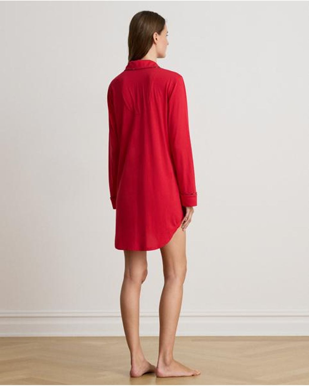 Ralph Lauren Red Plaid-Trim Jersey Sleep Shirt