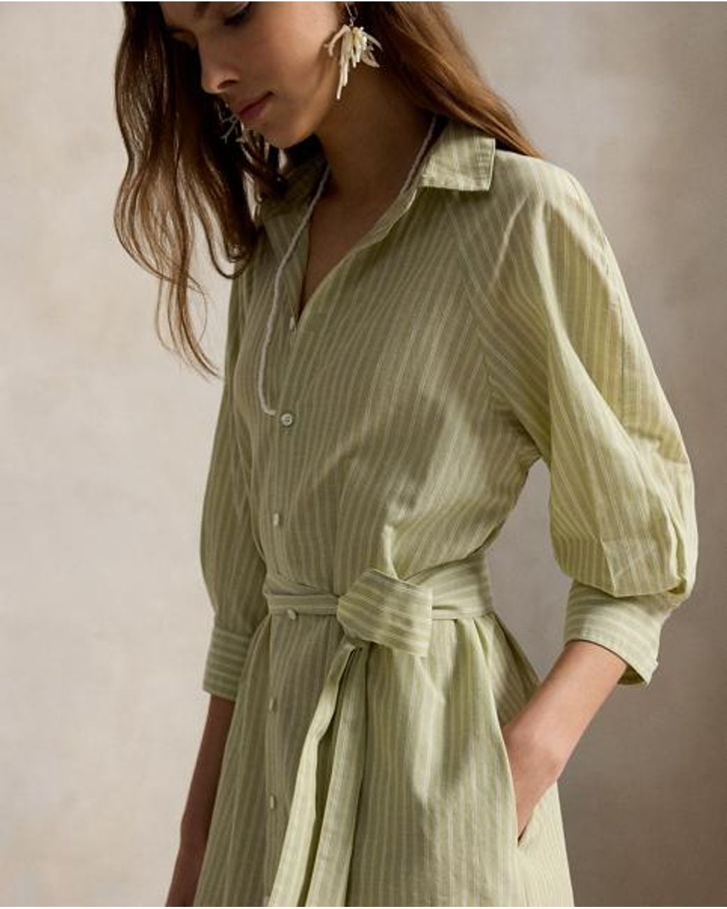 Polo Ralph Lauren Green Raglan-Sleeve Cotton-Linen Shirtdress