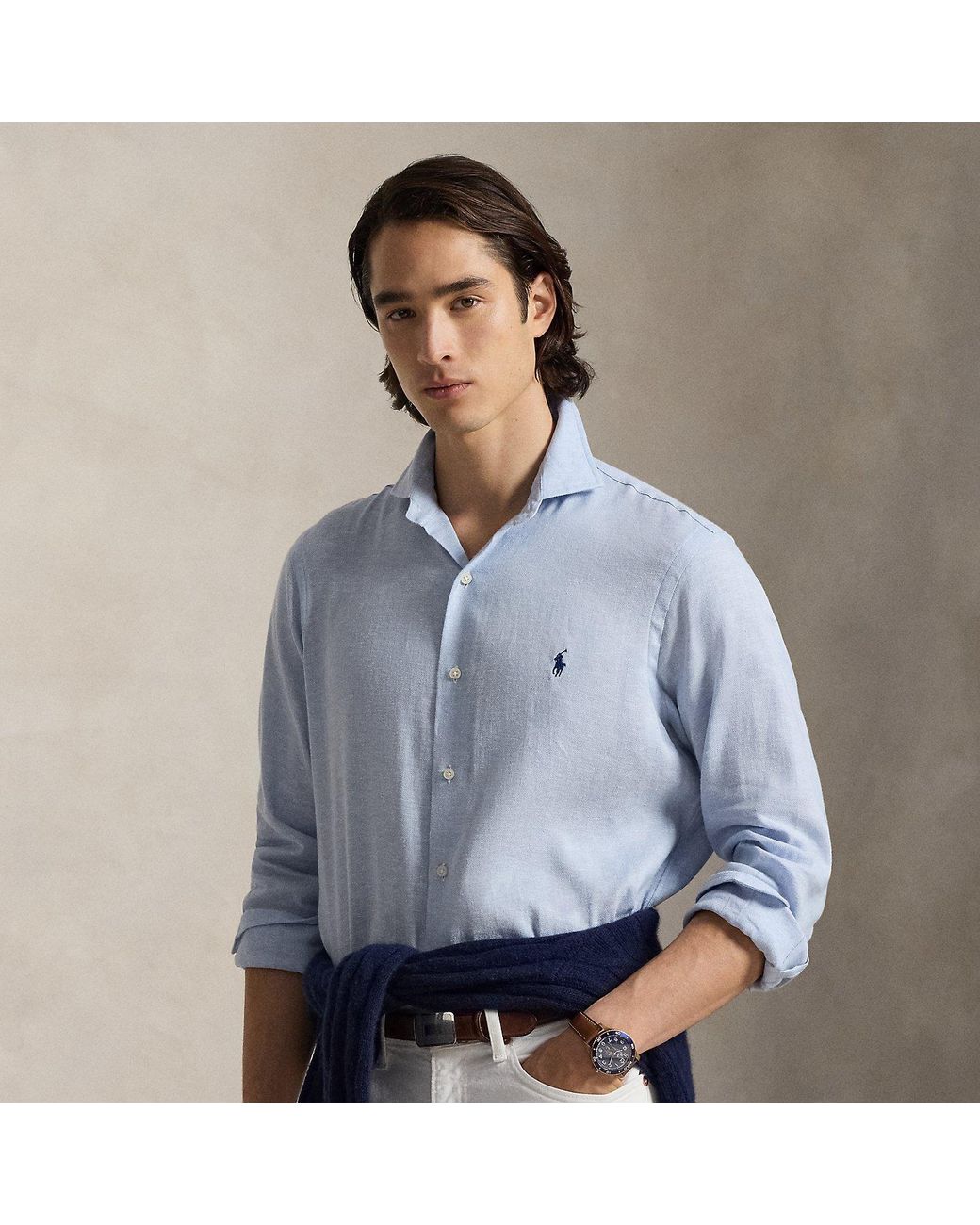 Polo Ralph Lauren Blue Custom Fit Herringbone Linen-Blend Shirt for men