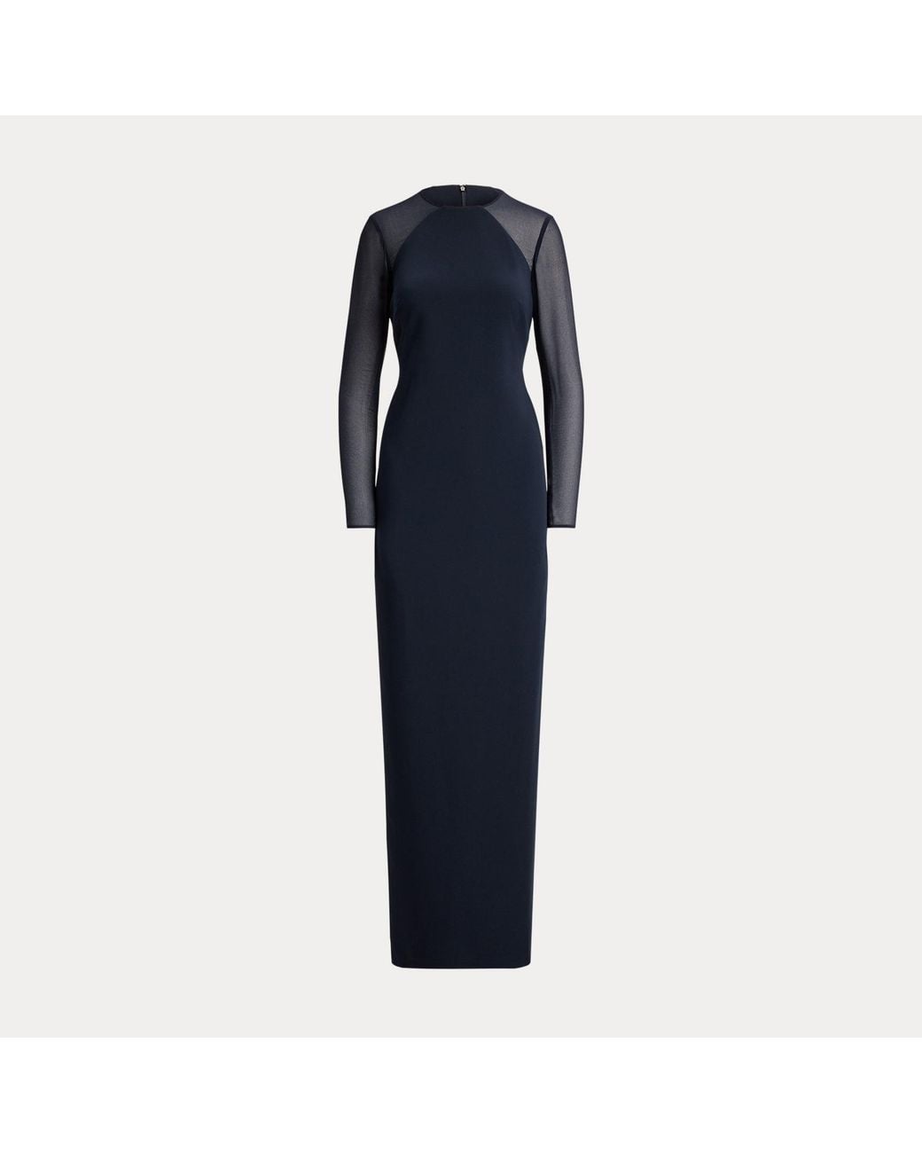 Ralph Lauren Blue Georgette-Trim Crepe Long-Sleeve Gown