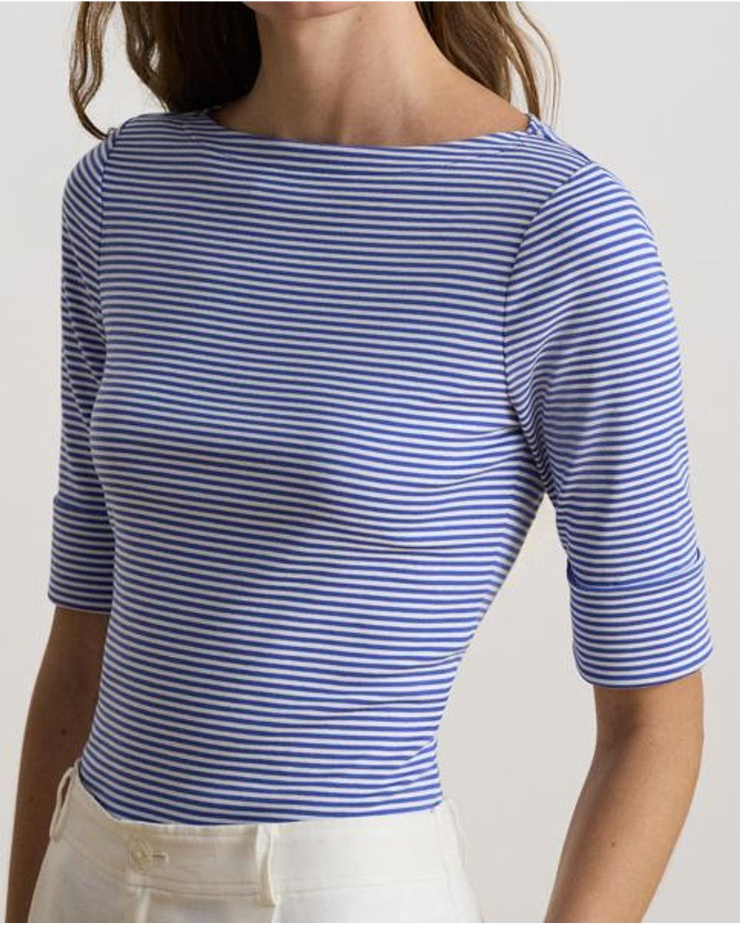 Ralph Lauren Blue Striped Stretch Cotton Boatneck T-Shirt
