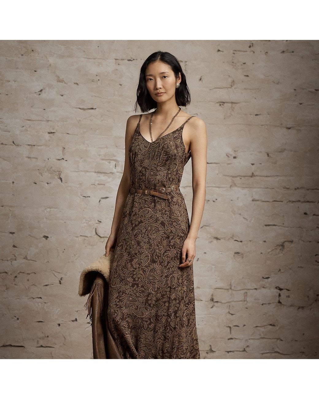 RRL Brown Paisley Silk Georgette Dress