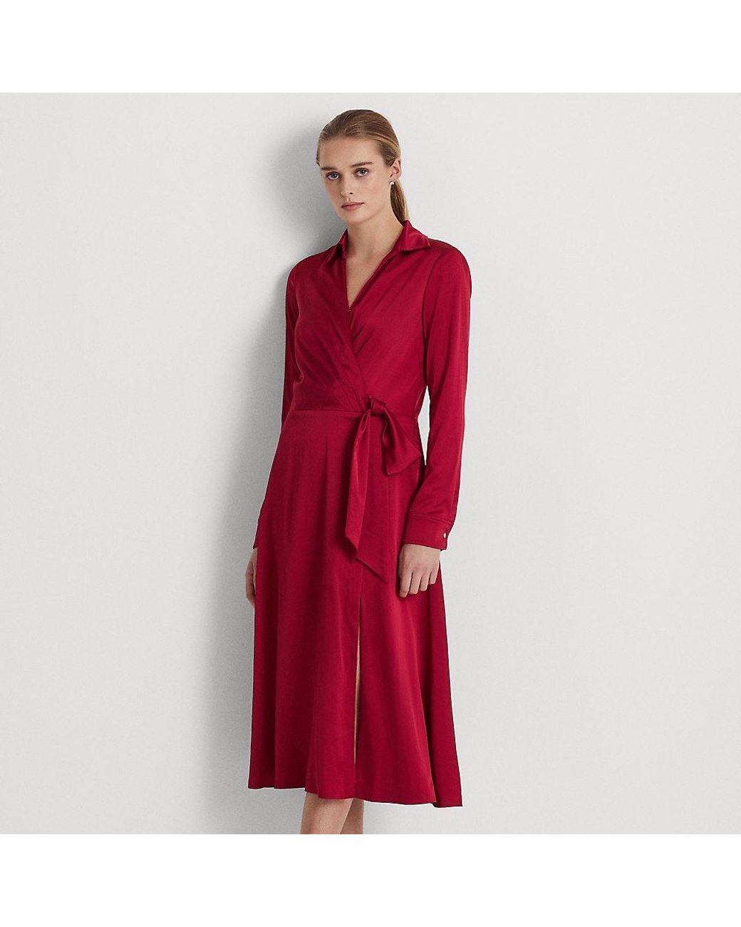 Lauren by Ralph Lauren Tie-front Satin Midi Dress in Red | Lyst