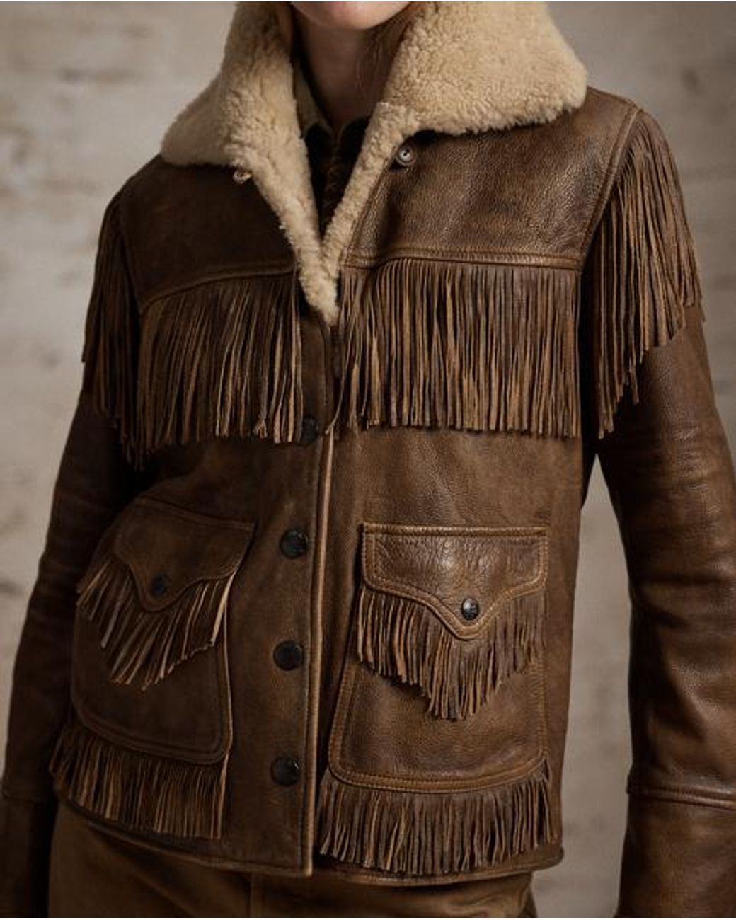 RRL Brown Shearling-Collar Fringe Leather Jacket