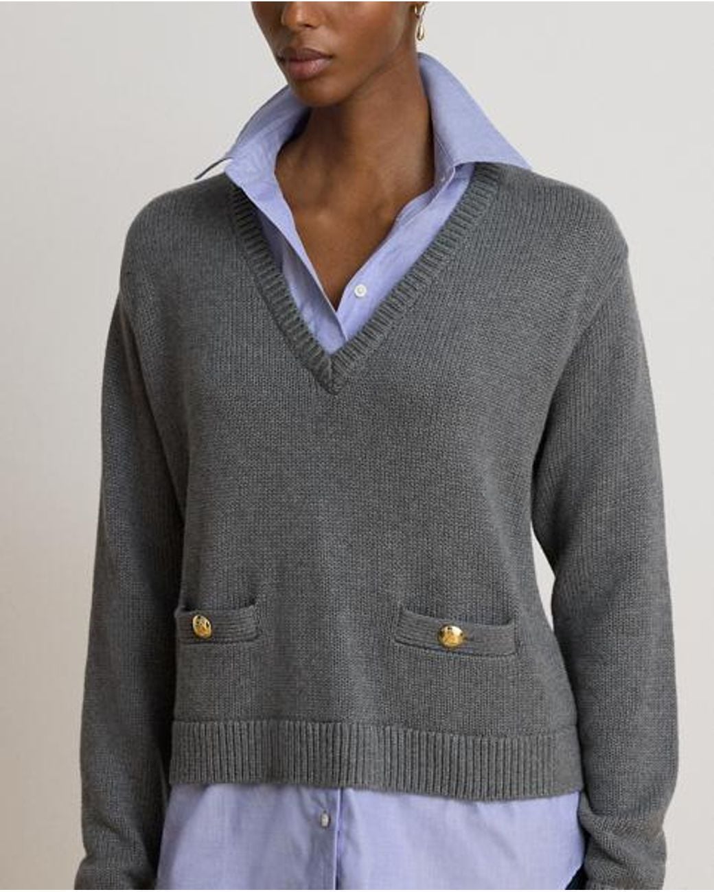 Ralph Lauren Gray Layered Button-Trim Heathered Jumper