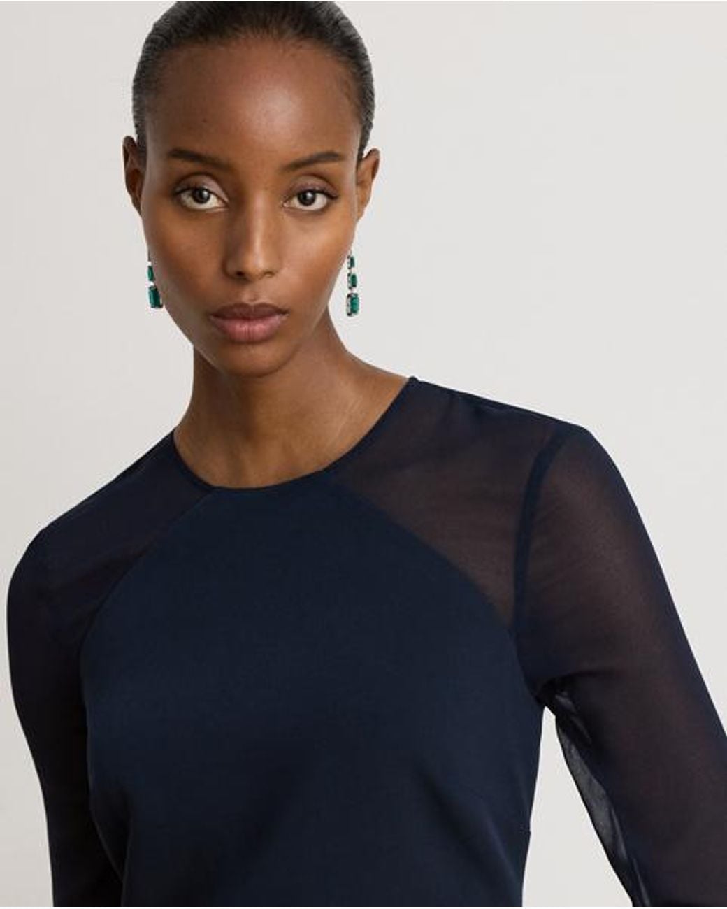 Ralph Lauren Blue Georgette-Trim Crepe Long-Sleeve Gown