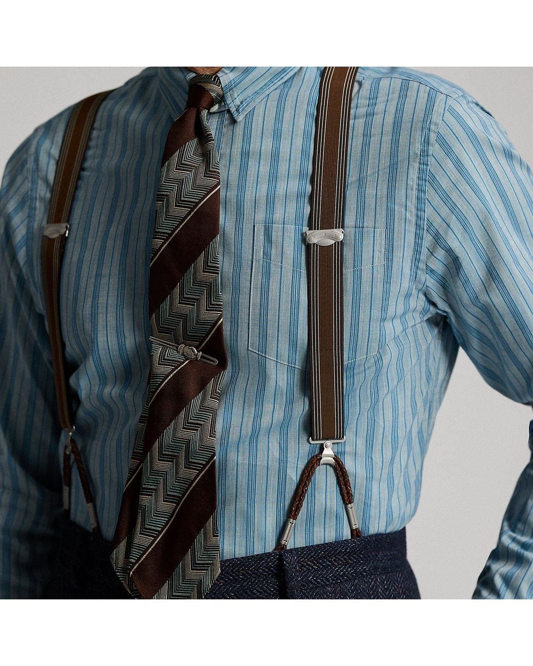 RRL Blue Striped Stretch Braces for men