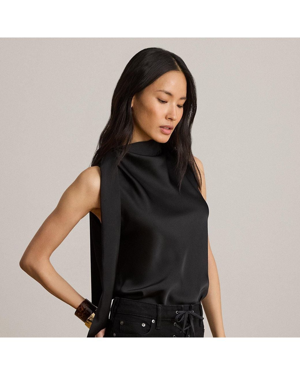 Ralph Lauren Black Ralph Tie-Neck Charmeuse Sleeveless Blouse