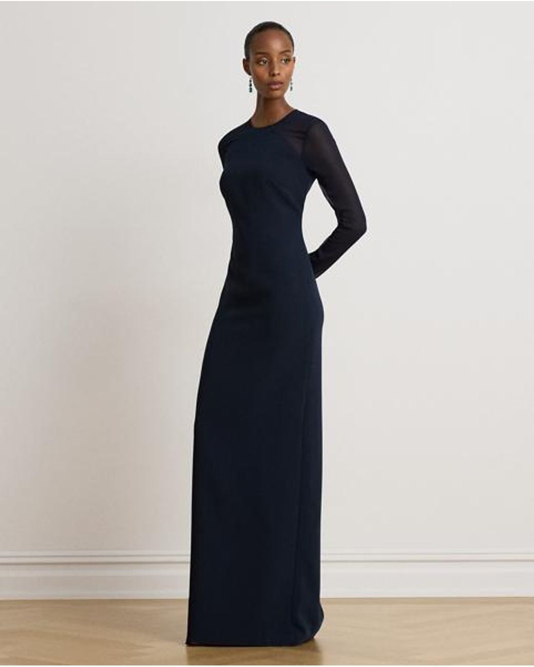 Ralph Lauren Blue Georgette-Trim Crepe Long-Sleeve Gown