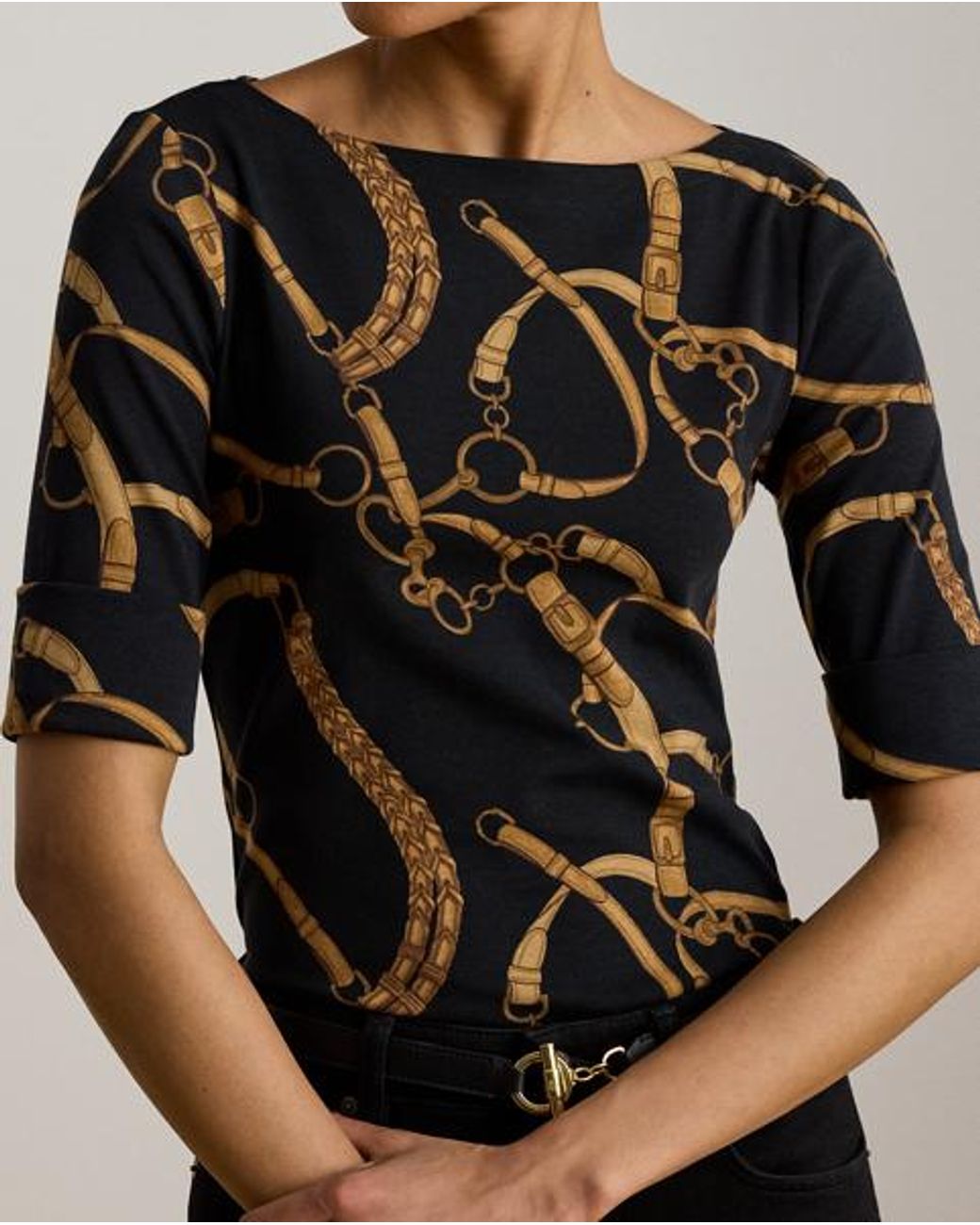 Ralph Lauren Black Belting-Print Cotton Boatneck T-Shirt