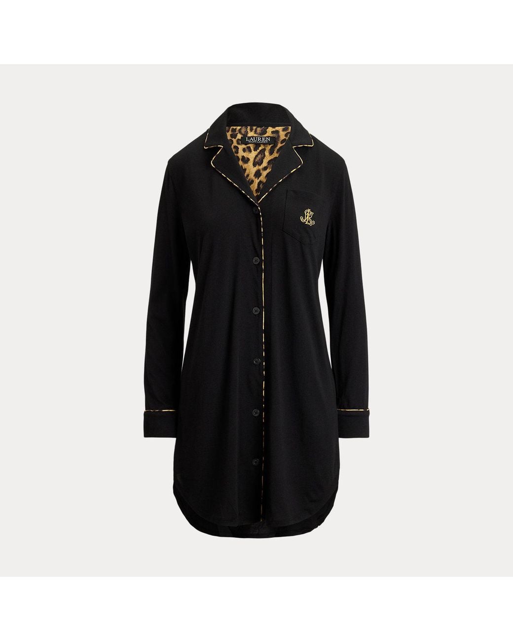 Ralph Lauren Black Leopard-Print-Trim Jersey Sleep Shirt