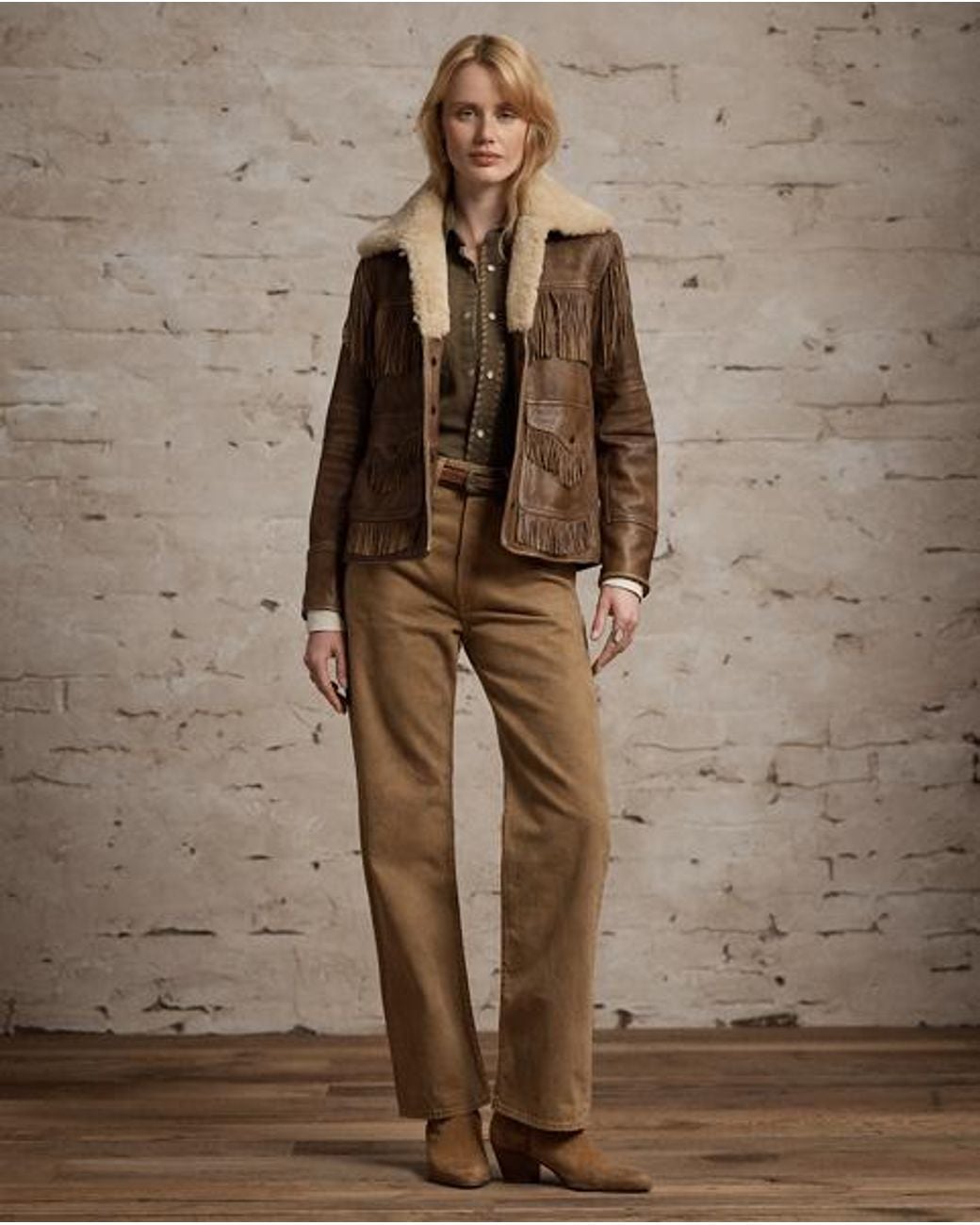 RRL Brown Shearling-Collar Fringe Leather Jacket