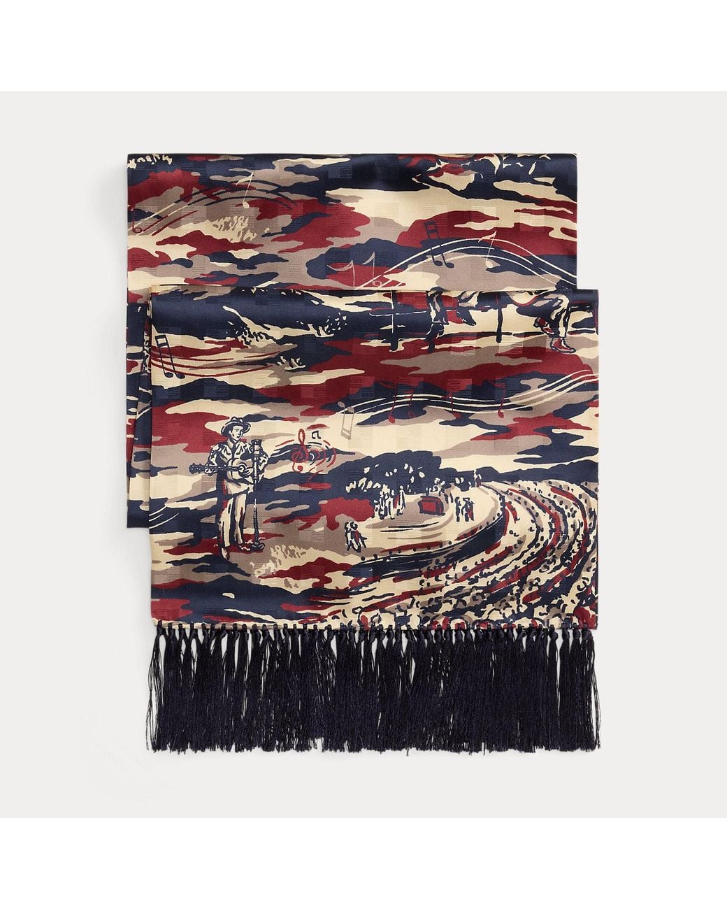 RRL Blue Tasselled Music-Print Silk Scarf for men