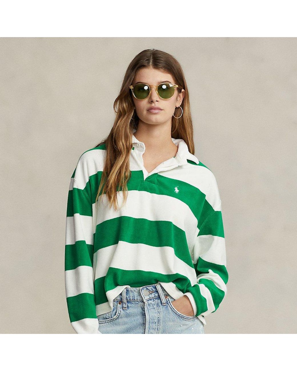 Polo Ralph Lauren Striped Cropped Jersey Rugby Shirt in Green | Lyst