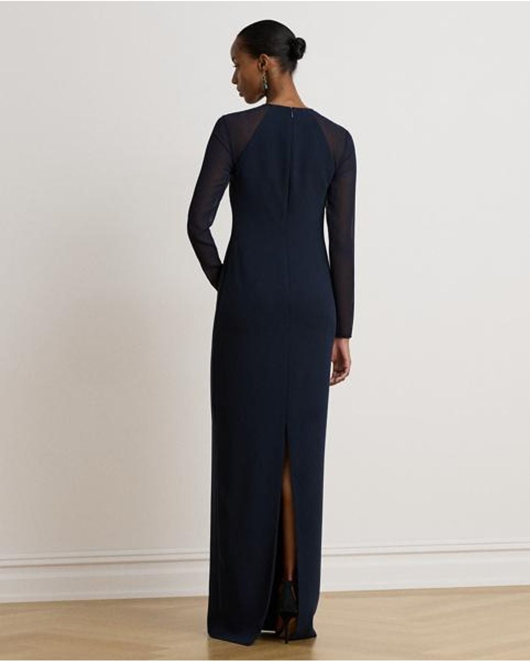 Ralph Lauren Blue Georgette-Trim Crepe Long-Sleeve Gown