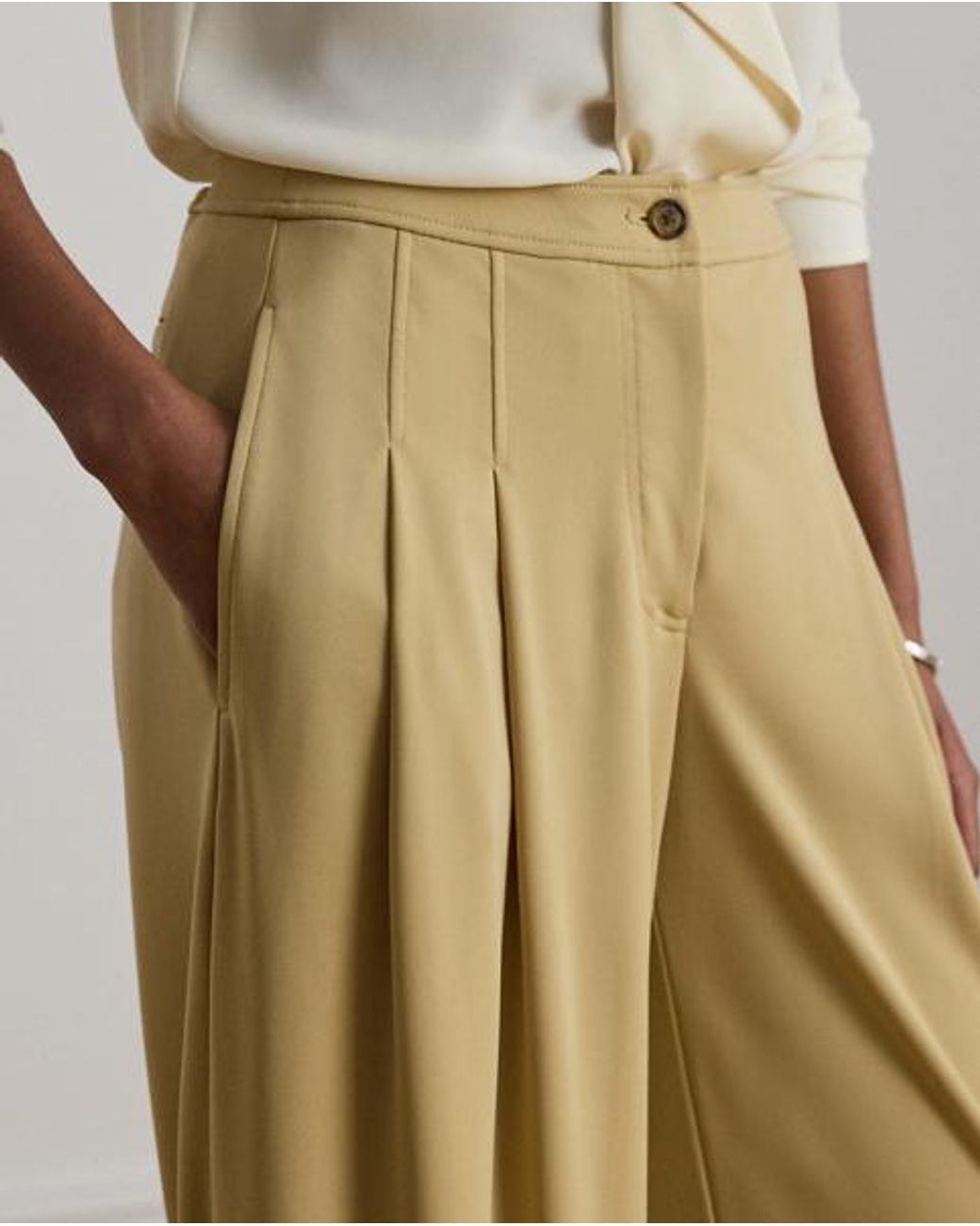 Ralph Lauren Natural Pleated Stretch Jersey Wide-Leg Trousers