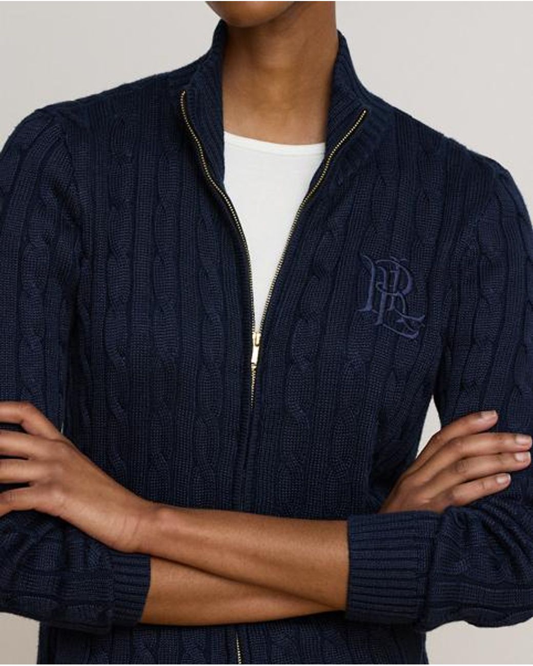 Ralph Lauren Blue Cable-Knit Full-Zip Mockneck Sweater