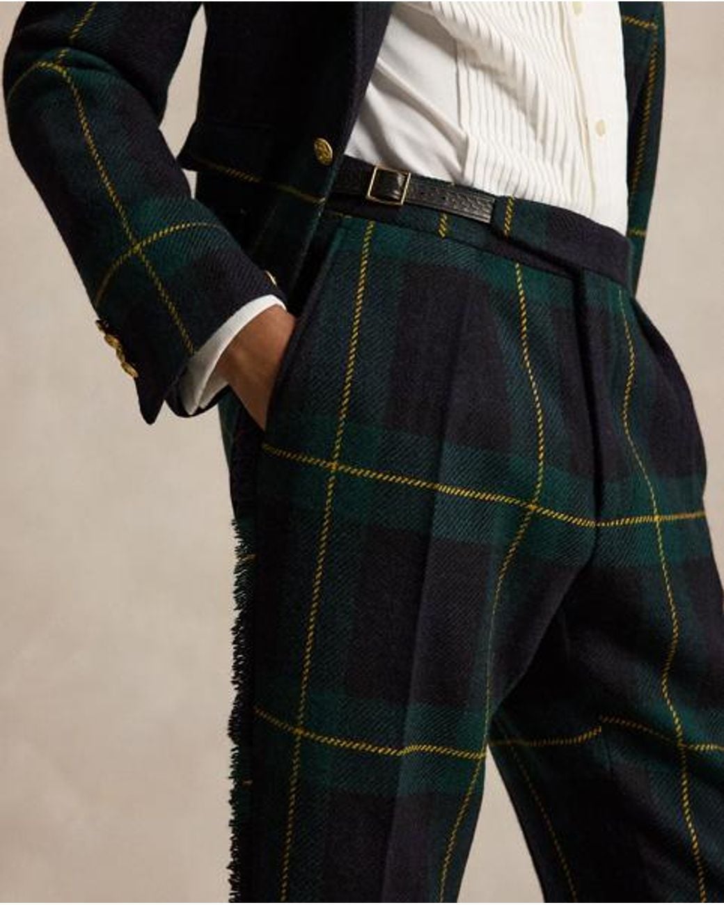 Polo Ralph Lauren Black Leather-Trim Plaid Tweed Suit Trouser for men