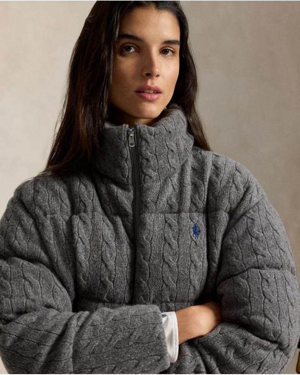 Polo Ralph Lauren Gray Cable Wool-Cashmere Puffer Jacket