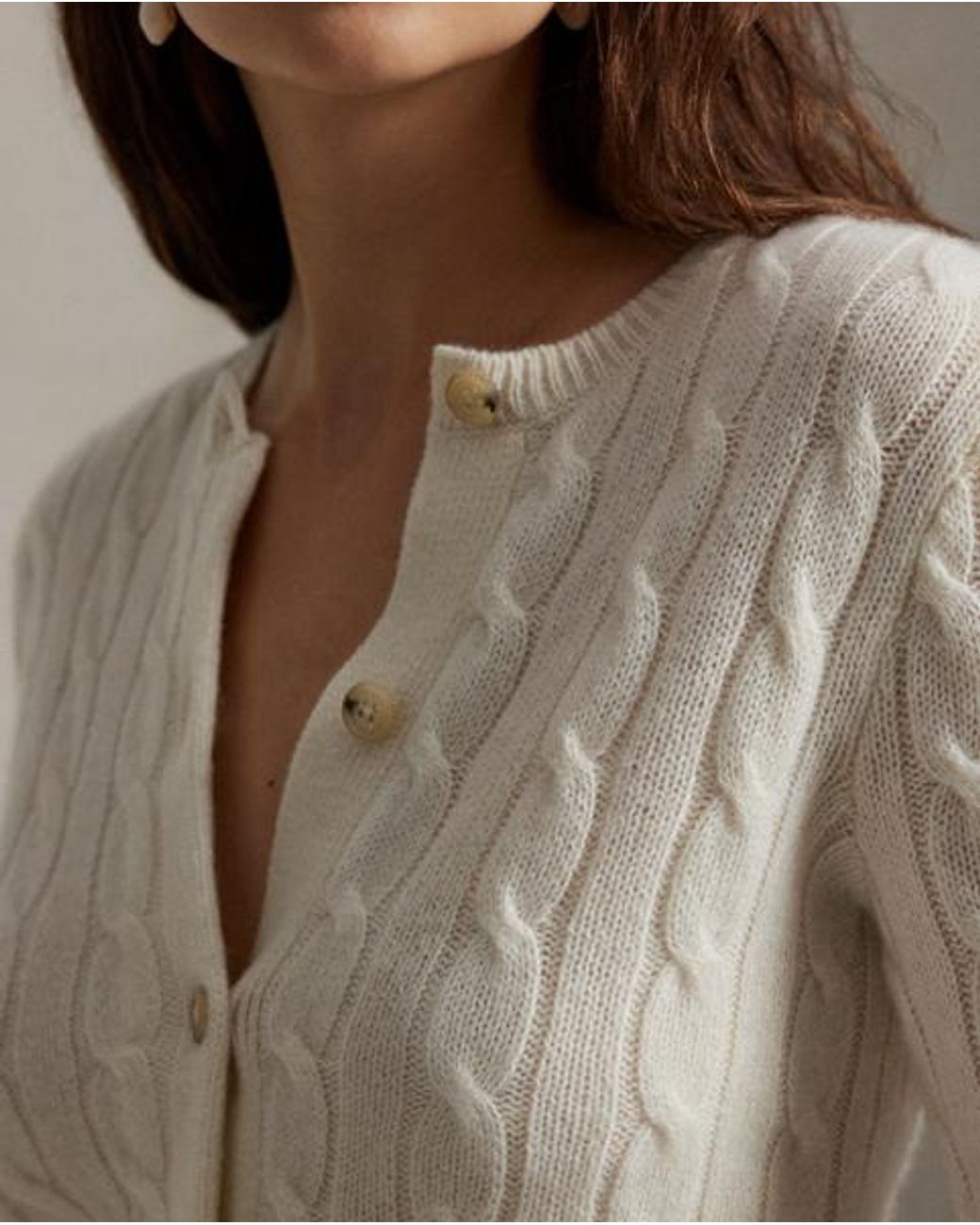 Polo Ralph Lauren Brown Cable-Knit Cashmere Crewneck Cardigan