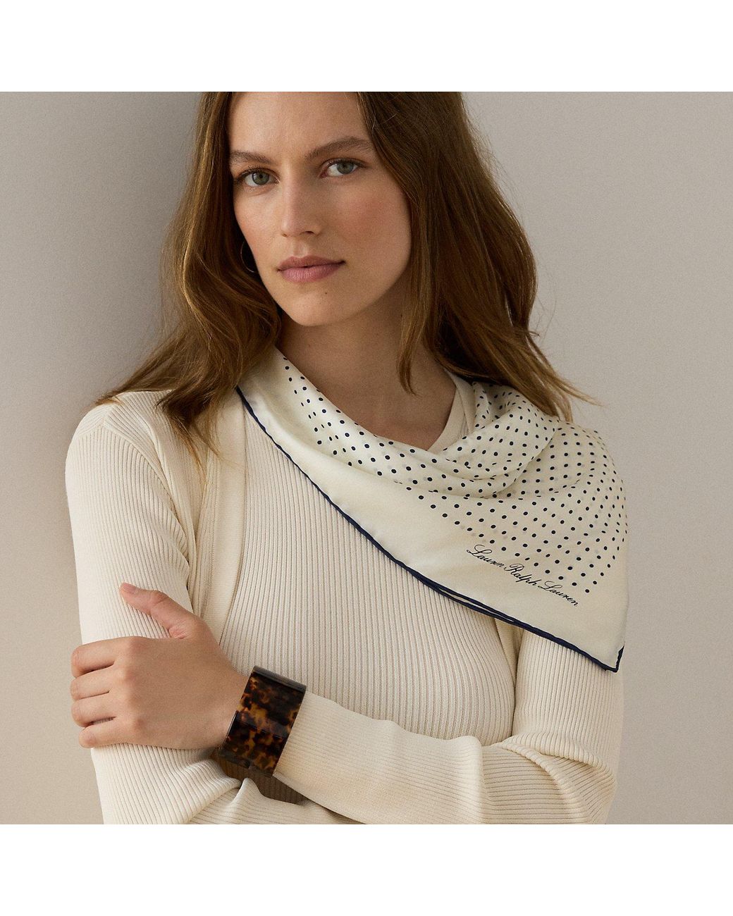 Ralph Lauren White Polka-Dot Silk Twill Square Scarf