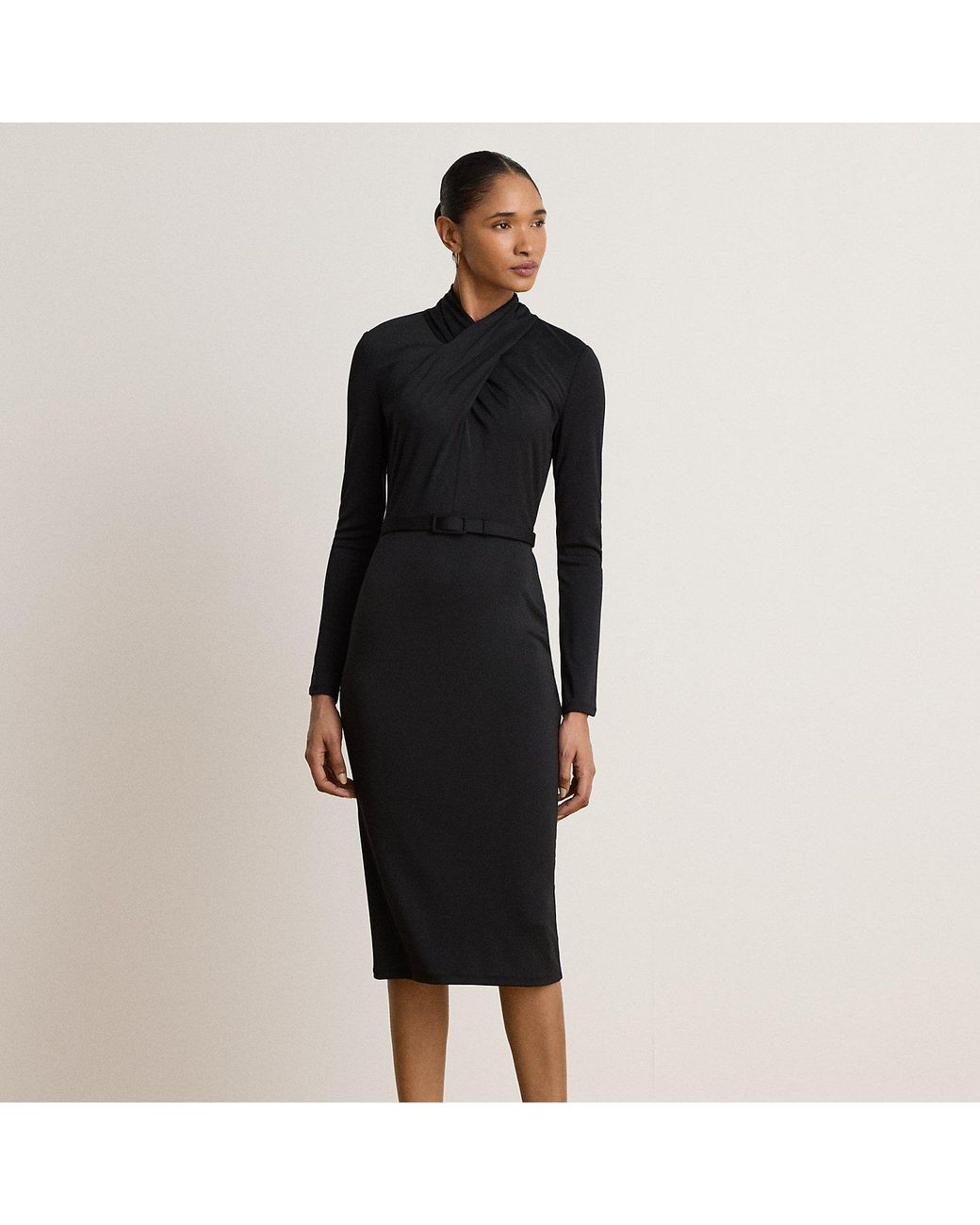 belted mockneck jersey dress Ralph Lauren in Black The dress is made