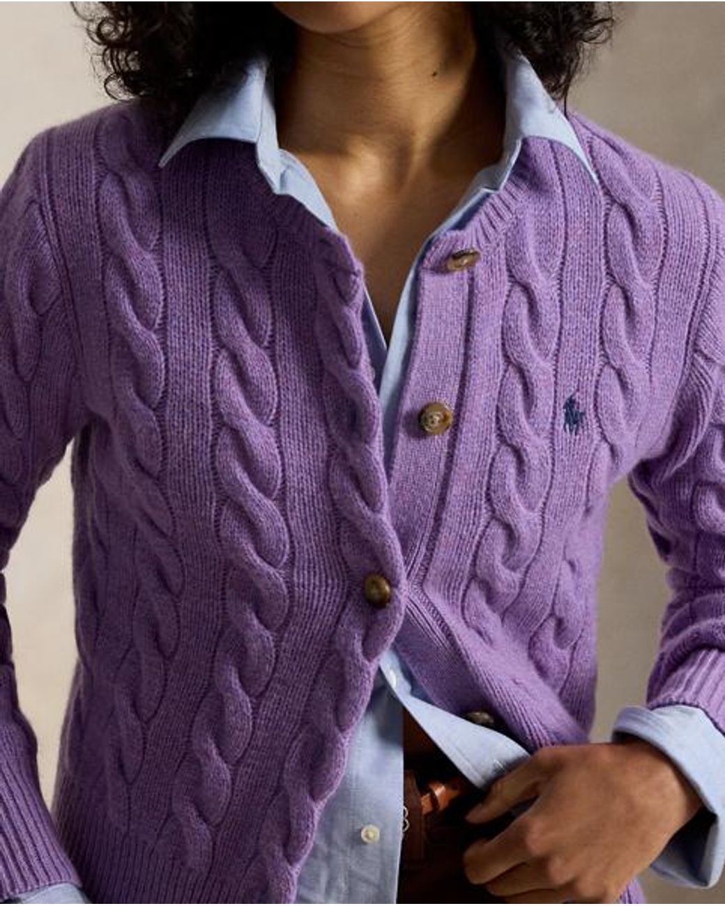 Polo Ralph Lauren Purple Cable-Knit Wool-Cashmere Cardigan