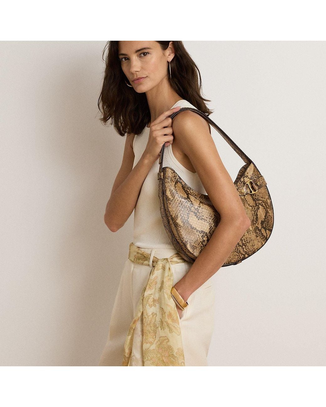 Ralph Lauren Brown Python-Embossed Large Tasha Shoulder Bag