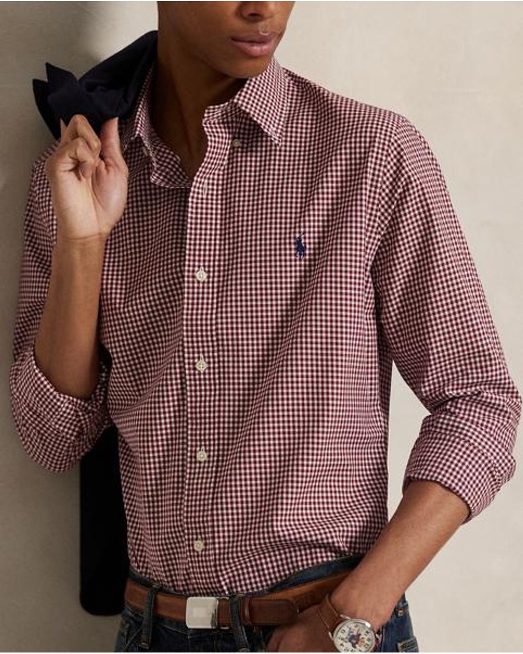 Polo Ralph Lauren Brown Custom Fit Gingham Stretch Poplin Shirt for men