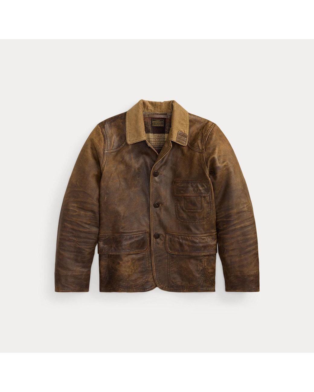 RRL Brown Leather Corduroy-Collar Jacket for men