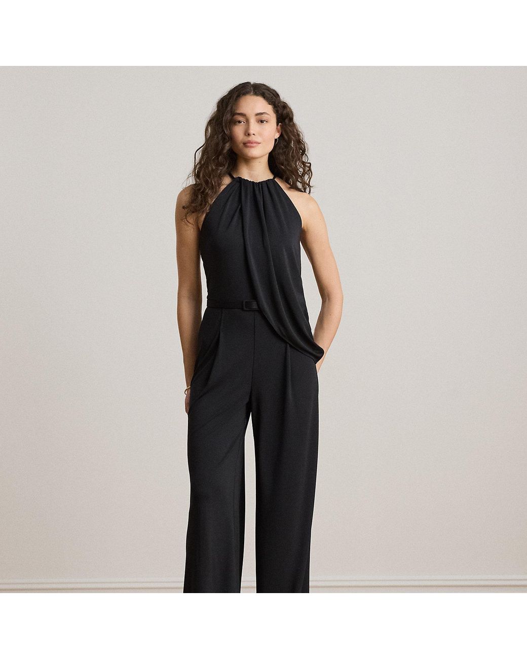 Ralph Lauren Black Belted Stretch Jersey Halter Jumpsuit