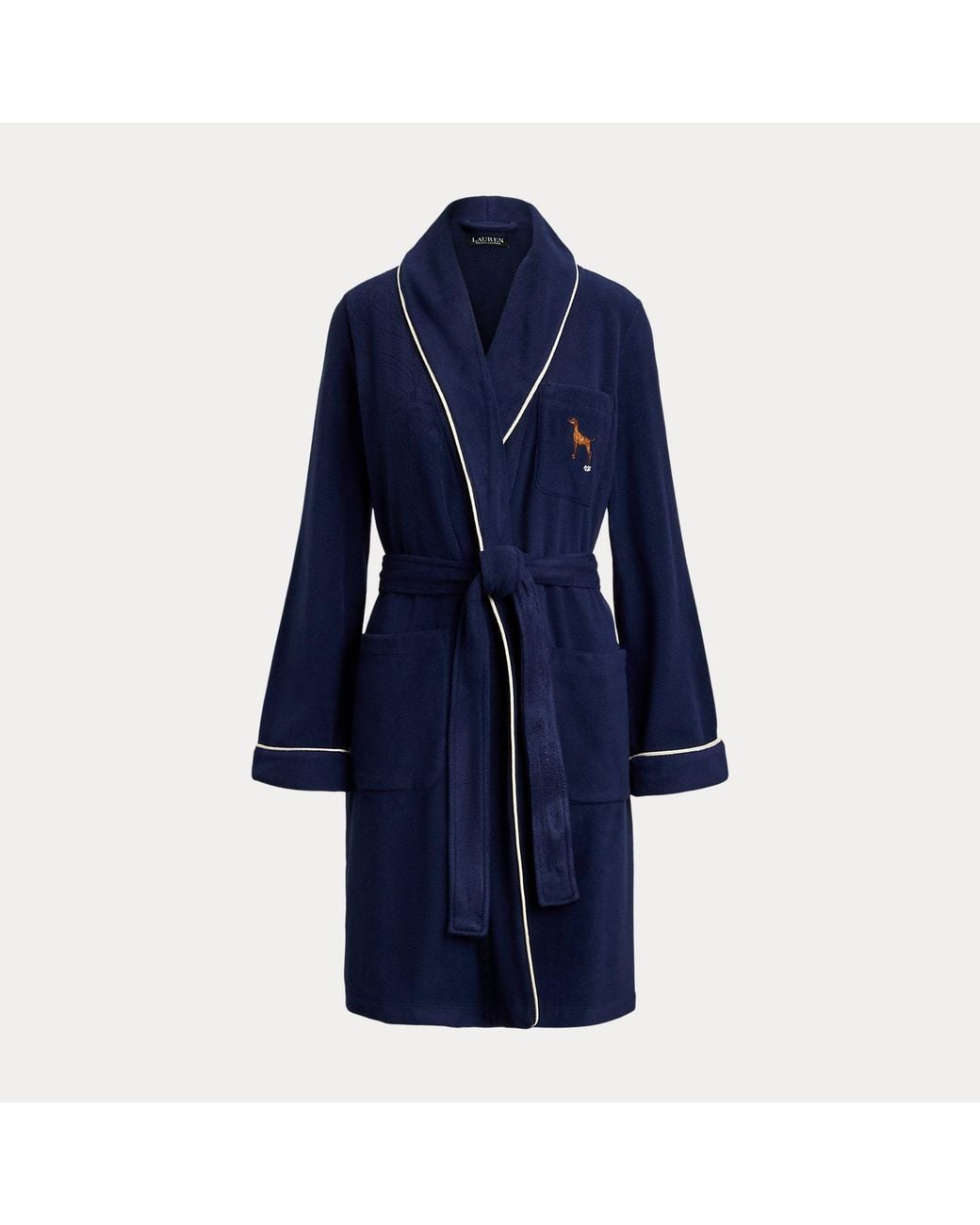Ralph Lauren Blue Dog-Embroidered Fleece Shawl-Collar Robe