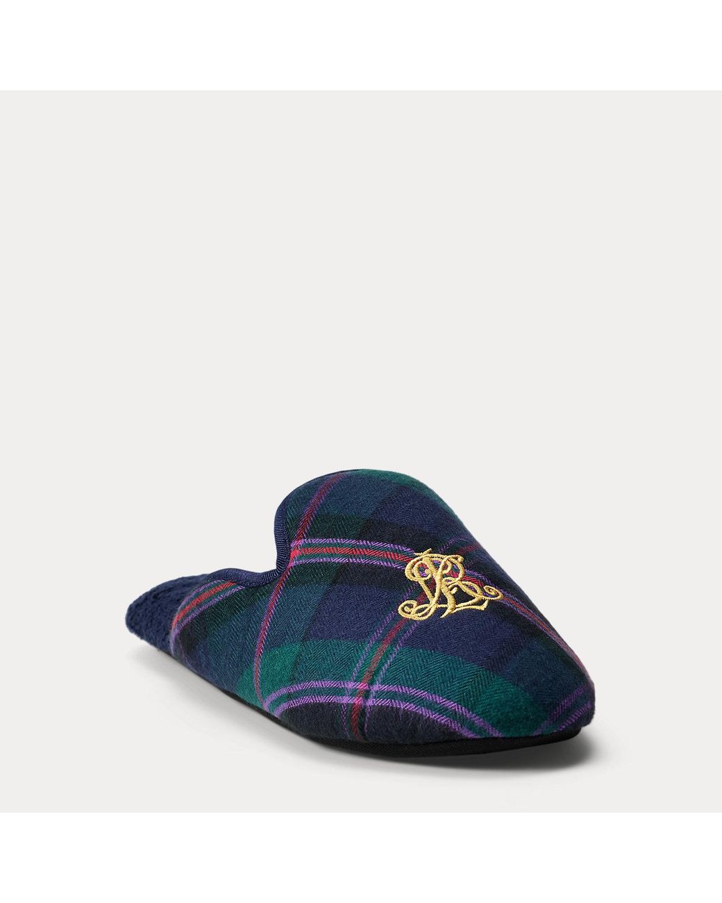 Ralph Lauren Blue Plaid Monogram Brushed Twill Slippers