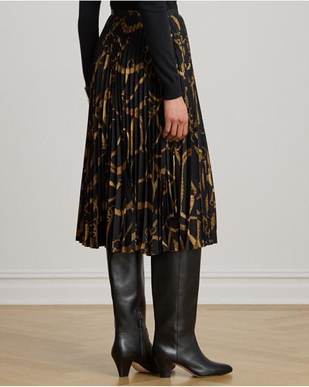 Ralph Lauren Black Belting-Print Pleated Crepe Skirt