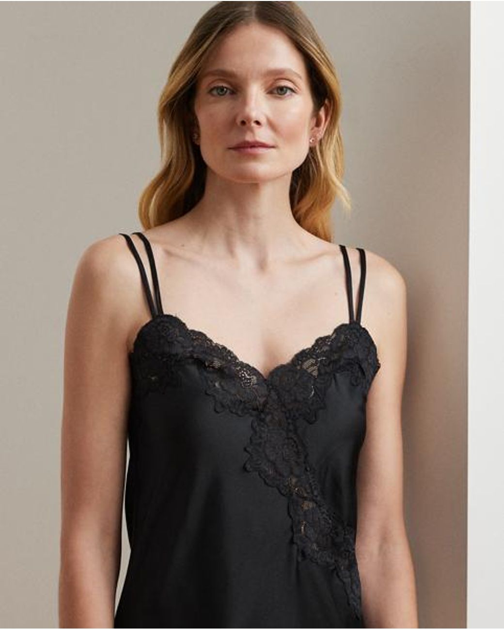Ralph Lauren Black Double-Strap Lace-Trim Satin Chemise
