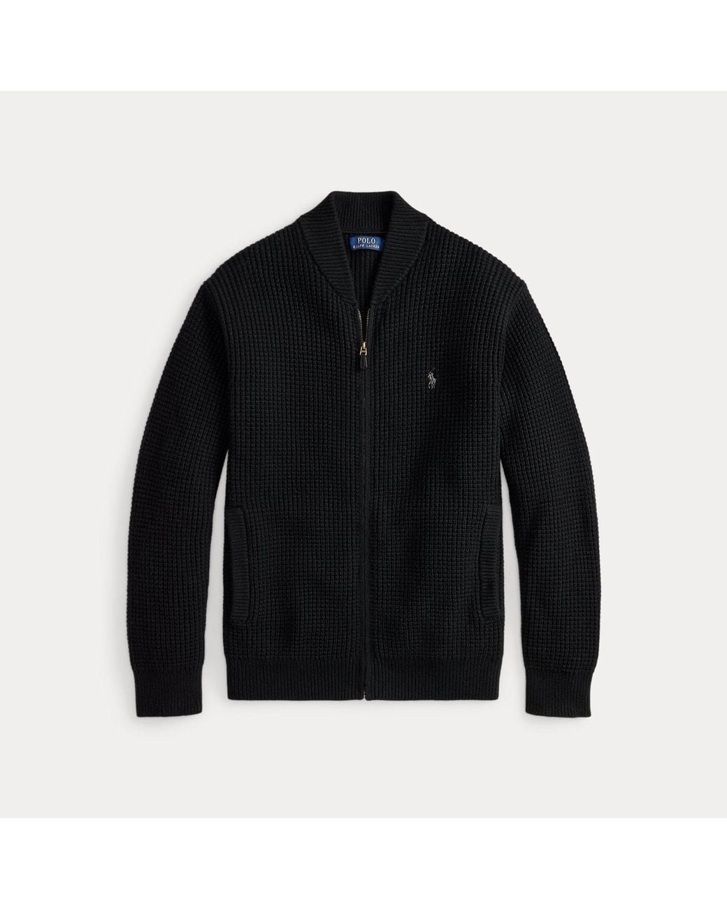 Polo Ralph Lauren Black Waffle-Knit Wool-Cotton Full-Zip Jumper for men