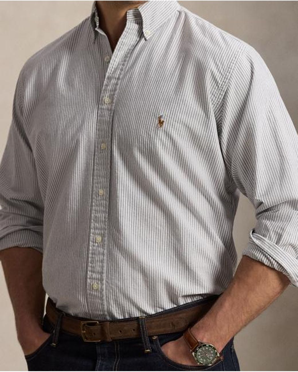 Ralph Lauren Gray Striped Oxford Shirt for men