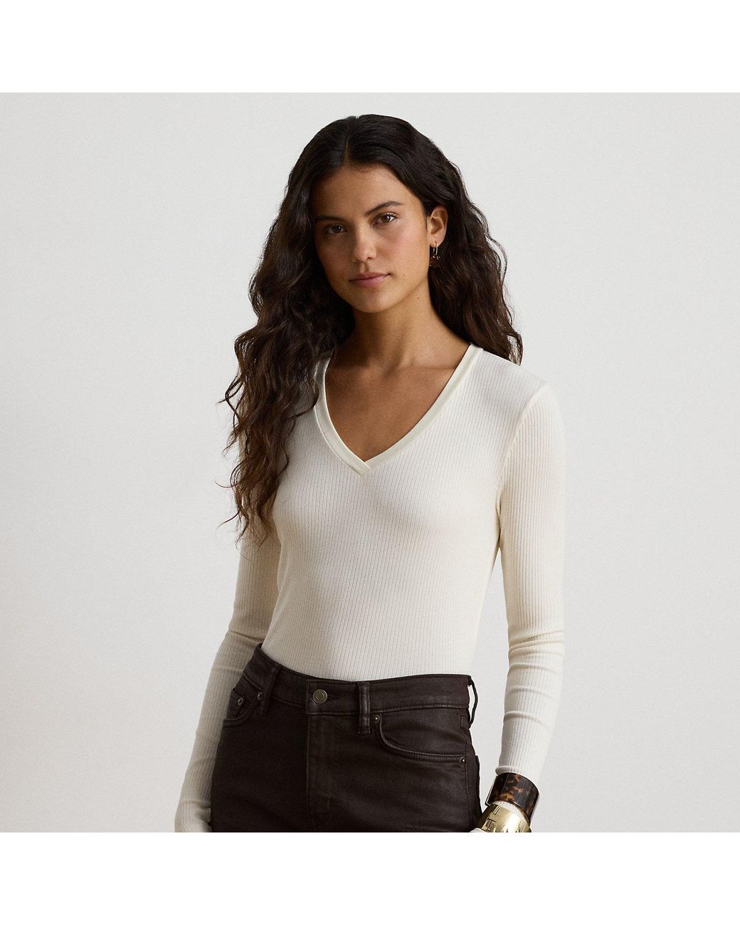 Ralph Lauren White Rib-Knit Long-Sleeve V-Neck Top